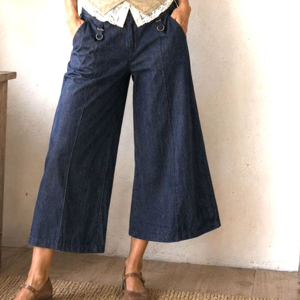 Culottes Y2K Dark Wash Denim Wide Leg Capri Cropped Trousers Larry Levine 12